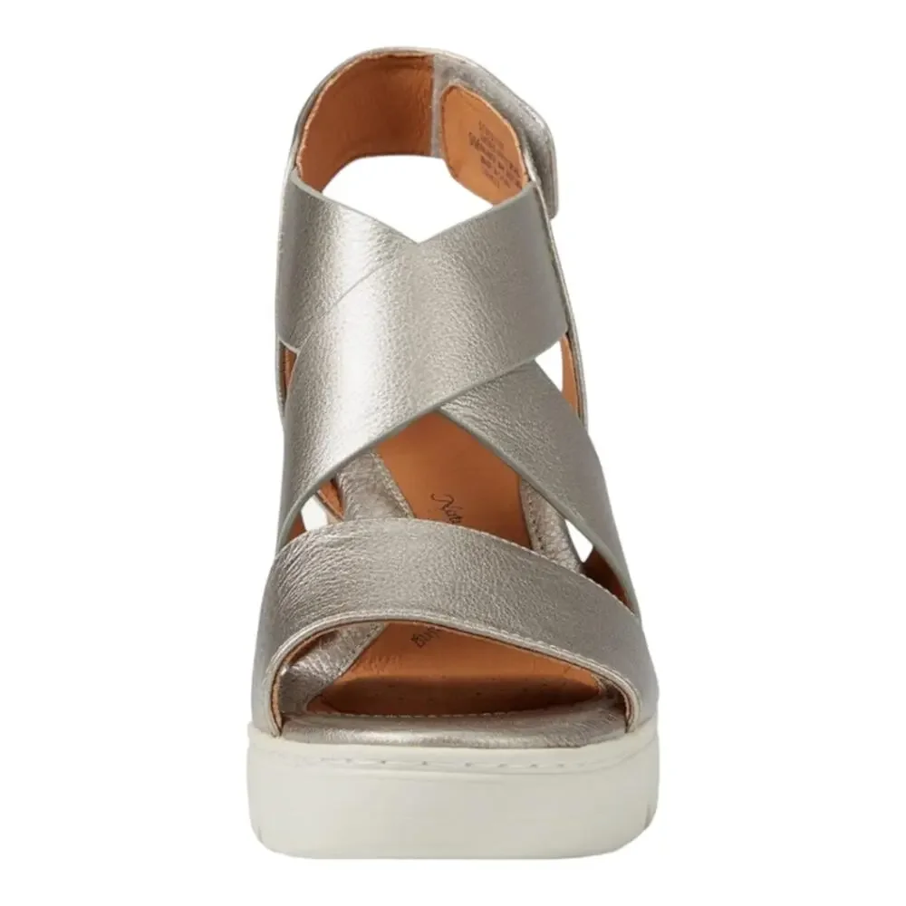 Sofft Womens Size 10 Uxley Grey Gold Metallic Leather‎ Wedge Sandals Shoes New